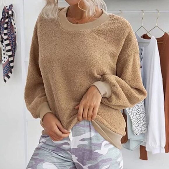 NEW Beige Long Sleeve Fleece Pullover Sweater Top - Picture 3 of 9